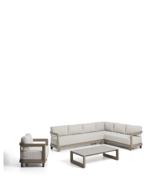 Conjunto Nerano con sofá esquinero de 5 plazas, sillón y mesa de centro en cristal templado y aluminio color topo.