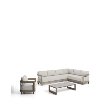 Conjunto Nerano con sofá esquinero de 5 plazas, sillón y mesa de centro en cristal templado y aluminio color topo.