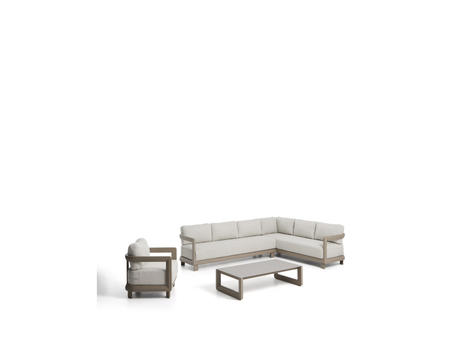 Conjunto Nerano con sofá esquinero de 5 plazas, sillón y mesa de centro en cristal templado y aluminio color topo.