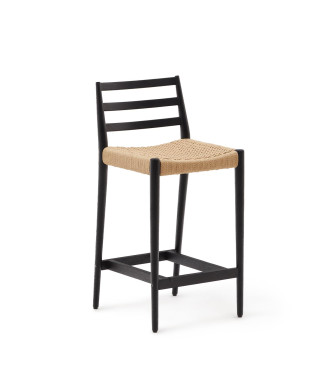 Taburete Analy con respaldo de roble macizo acabado negro y asiento de cuerda de 7 cm.
