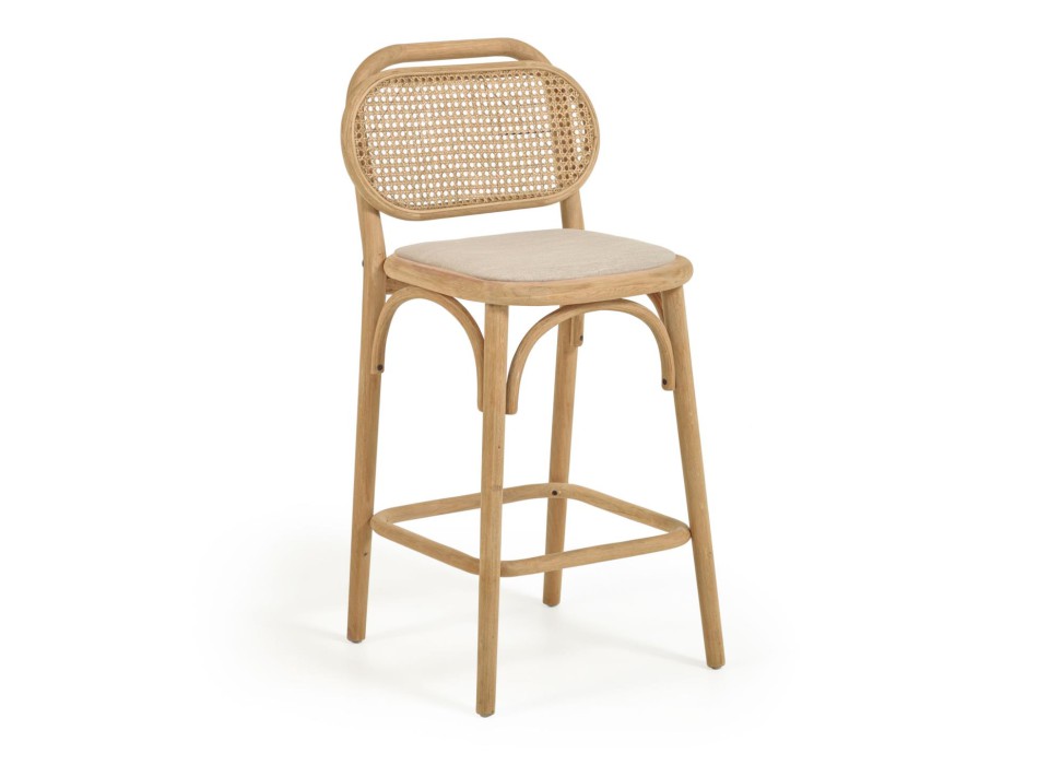 Taburete Doriane, madera maciza de roble, acabado natural, asiento acolchado, 65 cm