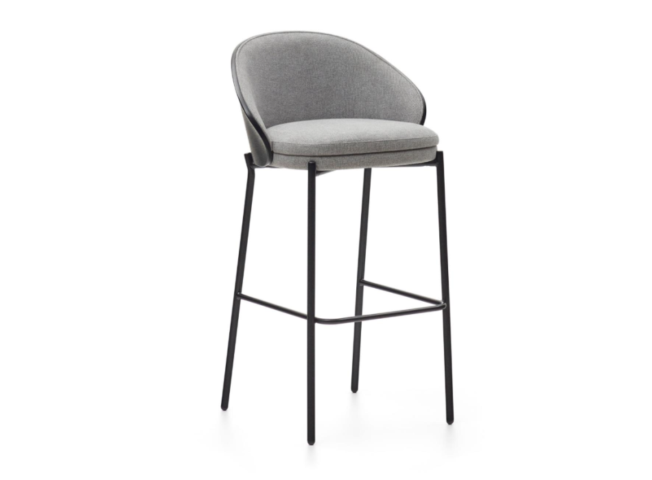 Taburete Eamy en chenilla gris claro, chapa de fresno, acabado negro, metal negro, 75 cm