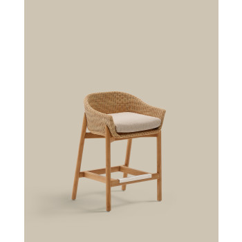 Taburete Galea de madera maciza de teca y ratán sintético, 65 cm, certificado FSC 100%.