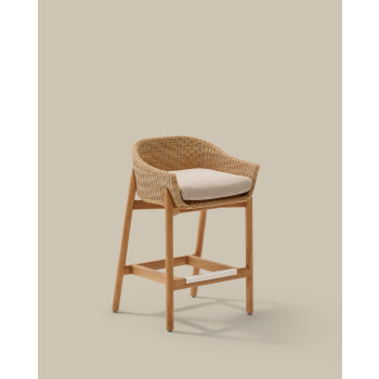 Taburete Galea de madera maciza de teca y ratán sintético, 75 cm, certificado FSC 100%.