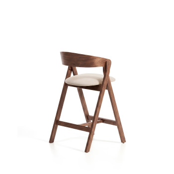 Taburete Godia en chenilla beige y chapa de roble con acabado