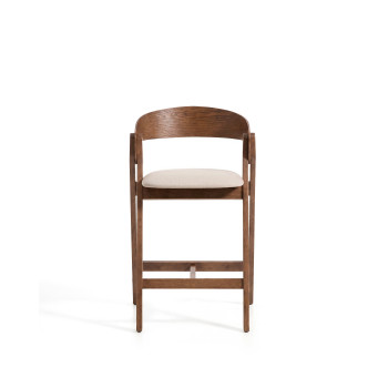 Taburete Godia en chenilla beige y chapa de roble con acabado