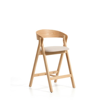 Taburete Godia en chenilla beige y chapa de roble con acabado
