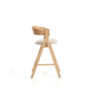 Taburete Godia en chenilla beige y chapa de roble con acabado