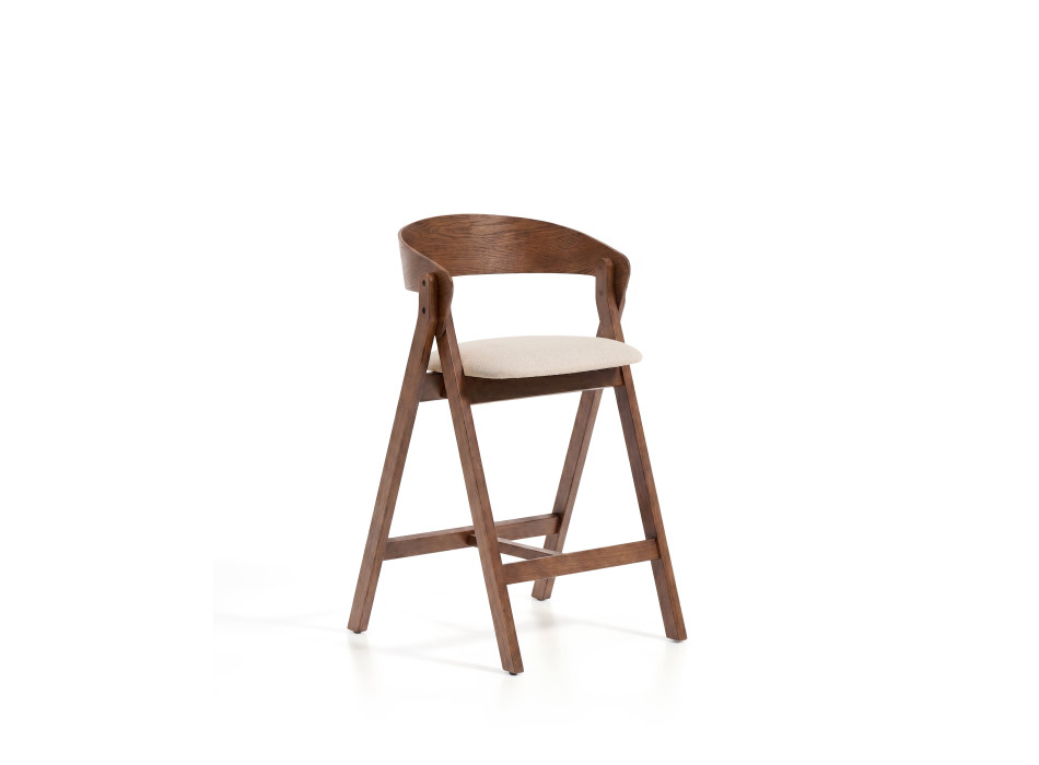 Taburete Godia en chenilla beige y chapa de roble con acabado