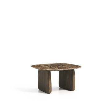 Mesa de centro Pirita en mármol marrón y patas de roble macizo con acabado
