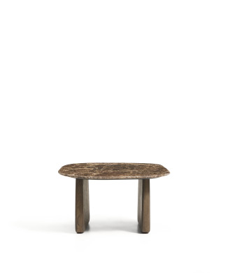 Mesa de centro Pirita en mármol marrón y patas de roble macizo con acabado