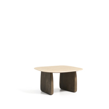 Mesa de centro Pirita en travertino beige y patas de roble macizo con acabado