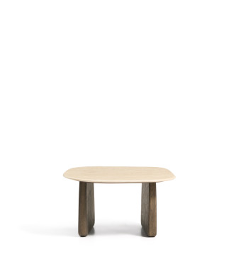 Mesa de centro Pirita en travertino beige y patas de roble macizo con acabado
