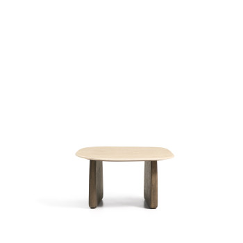Mesa de centro Pirita en travertino beige y patas de roble macizo con acabado