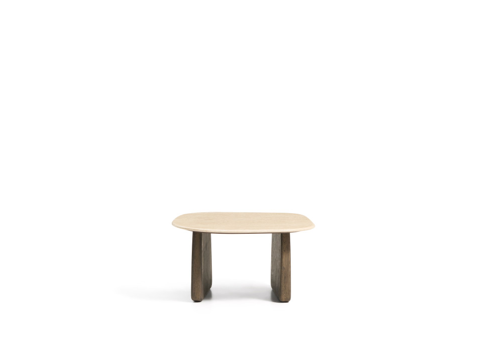 Mesa de centro Pirita en travertino beige y patas de roble macizo con acabado