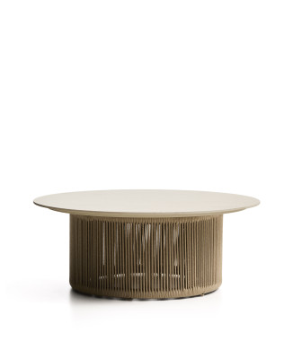 Mesa de centro de exterior Orosei en piedra sinterizada, aluminio color crudo y cuerda beige, Ø 90 cm