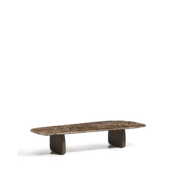 Mesa de centro Pirita en mármol marrón y patas de roble macizo con acabado