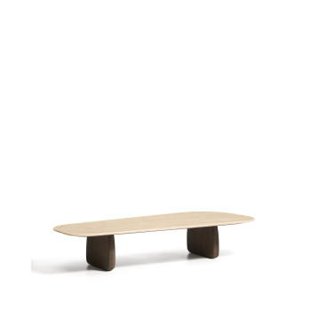 Mesa de centro Pirita en travertino beige y patas de roble macizo con acabado
