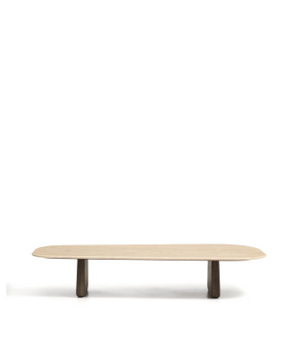 Mesa de centro Pirita en travertino beige y patas de roble macizo con acabado