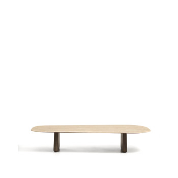 Mesa de centro Pirita en travertino beige y patas de roble macizo con acabado