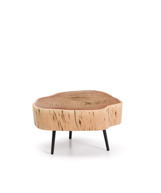 Mesa de centro Tavine de madera maciza de acacia con acabado blanqueado y patas de acero negro de Ø49 cm.