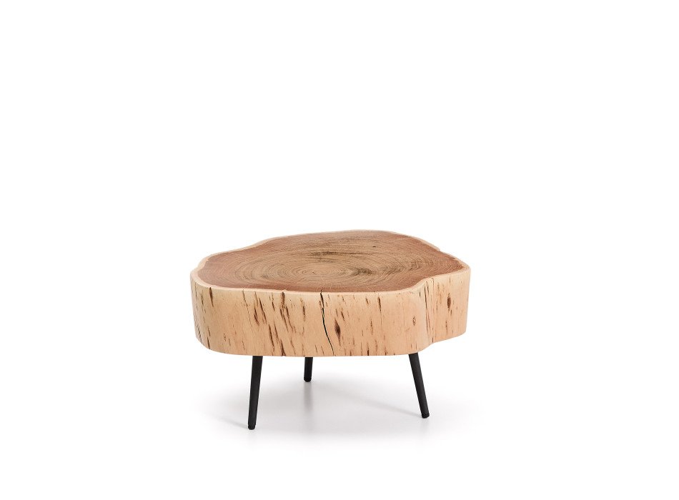 Mesa de centro Tavine de madera maciza de acacia con acabado blanqueado y patas de acero negro de Ø49 cm.