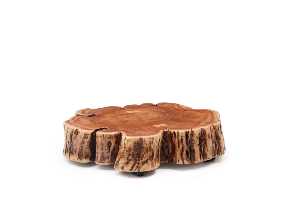 Mesa de centro Tavine de madera maciza de acacia blanqueada con ruedas, Ø85 cm
