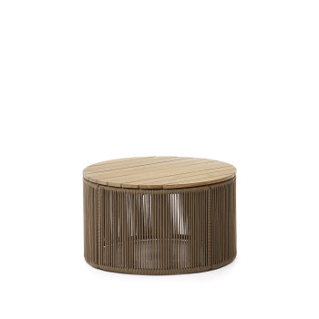 Mesa de centro Dandara en acero, cuerda beige y patas de madera maciza de acacia Ø70 cm FSC 100%