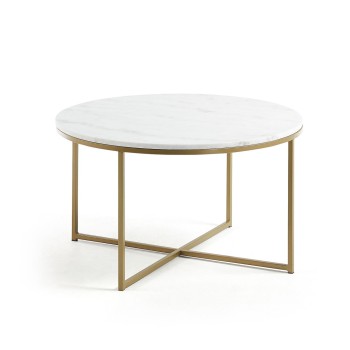Mesa de centro Sheffield de mármol blanco y patas de acero con acabado dorado, Ø 80 cm