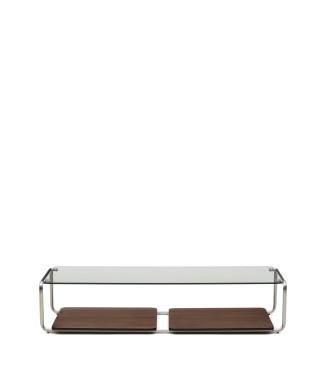 Mesa de centro Tarsel en cristal templado y bandeja chapada en nogal con estructura de acero inoxidable cepillado 140 x 60 cm