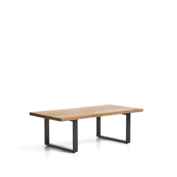 Mesa de centro Uxue de madera maciza de acacia con patas de acero negro, 130 x 64 cm.