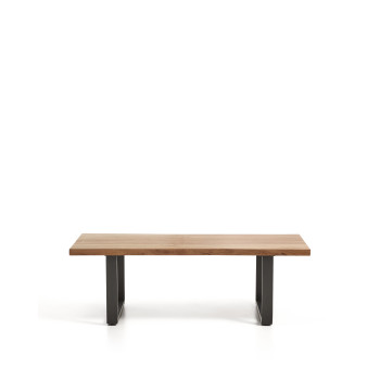 Mesa de centro Uxue de madera maciza de acacia con patas de acero negro, 130 x 64 cm.