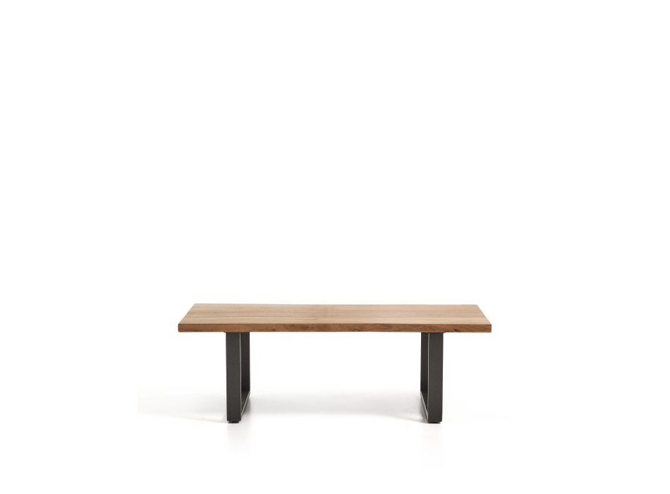 Mesa de centro Uxue de madera maciza de acacia con patas de acero negro, 130 x 64 cm.