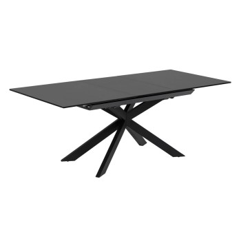 Mesa extensible Atminda en cristal y patas de acero, acabado negro, 160 (210) x 90 cm