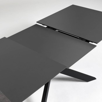 Mesa extensible Atminda en cristal y patas de acero, acabado negro, 160 (210) x 90 cm