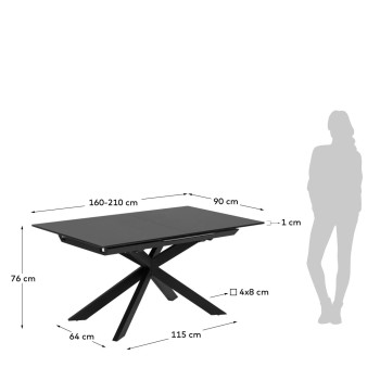 Mesa extensible Atminda en cristal y patas de acero, acabado negro, 160 (210) x 90 cm