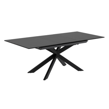 Mesa extensible Atminda en cristal y patas de acero, acabado negro, 160 (210) x 90 cm