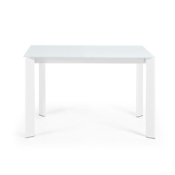 Mesa extensible Axis en cristal blanco y patas de acero acabado blanco 120 (180) cm