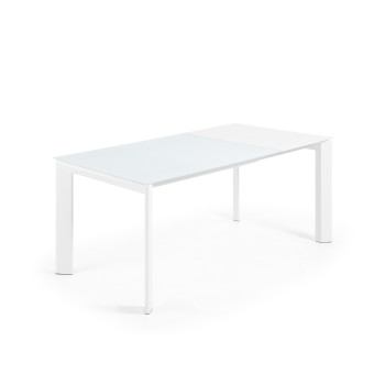 Mesa extensible Axis en cristal blanco y patas de acero acabado blanco 120 (180) cm