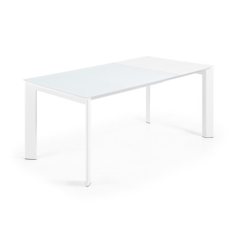 Mesa extensible Axis en cristal blanco y patas de acero acabado blanco 120 (180) cm