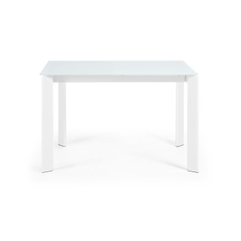 Mesa extensible Axis en cristal blanco y patas de acero acabado blanco 120 (180) cm