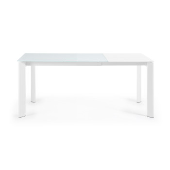 Mesa extensible Axis en cristal blanco y patas de acero acabado blanco 120 (180) cm