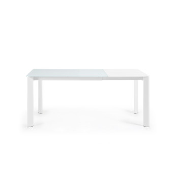 Mesa extensible Axis en cristal blanco y patas de acero acabado blanco 120 (180) cm