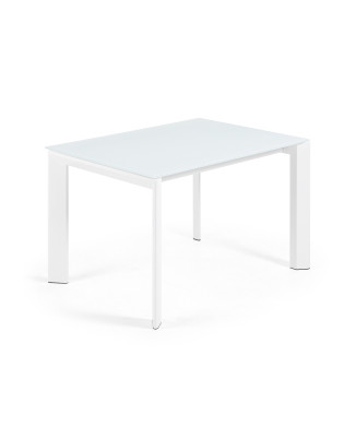 Mesa extensible Axis en cristal blanco y patas de acero acabado blanco 120 (180) cm
