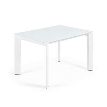 Mesa extensible Axis en cristal blanco y patas de acero acabado blanco 120 (180) cm
