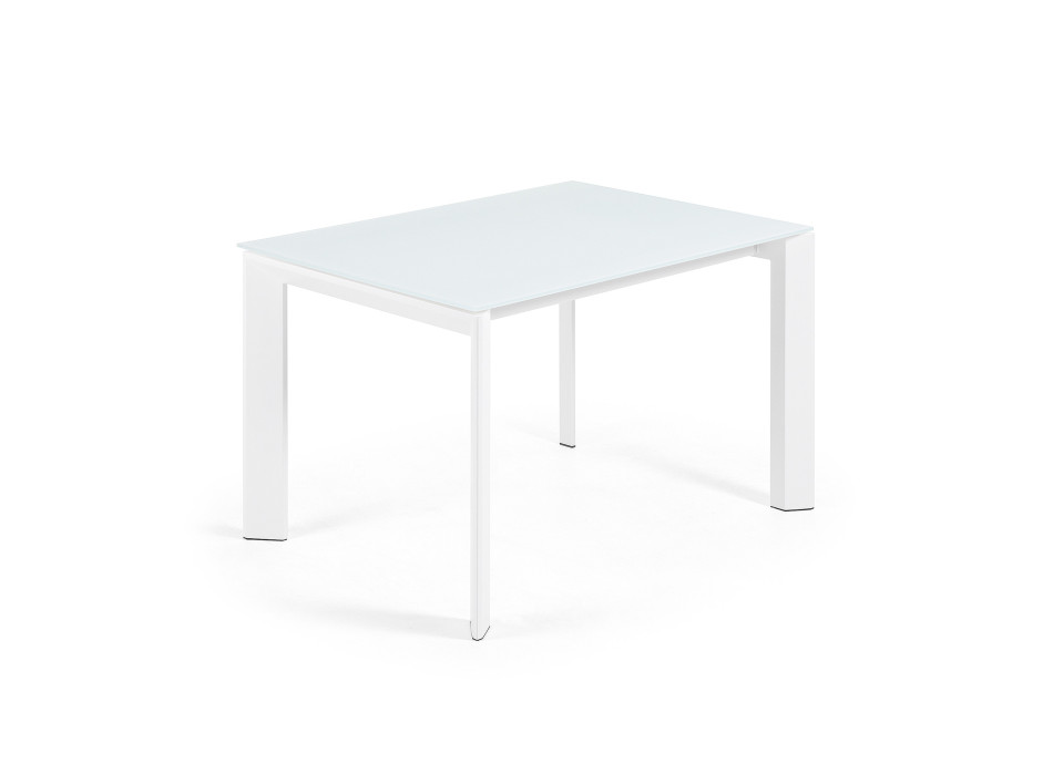 Mesa extensible Axis en cristal blanco y patas de acero acabado blanco 120 (180) cm