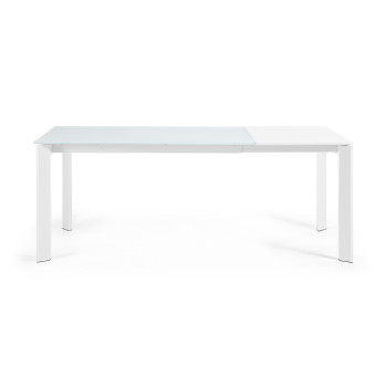 Mesa extensible Axis en cristal blanco y patas de acero acabado blanco 140 (200) cm