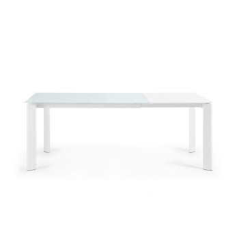 Mesa extensible Axis en cristal blanco y patas de acero acabado blanco 140 (200) cm