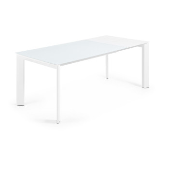 Mesa extensible Axis en cristal blanco y patas de acero acabado blanco 140 (200) cm