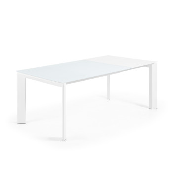 Mesa extensible Axis en cristal blanco y patas de acero acabado blanco 140 (200) cm
